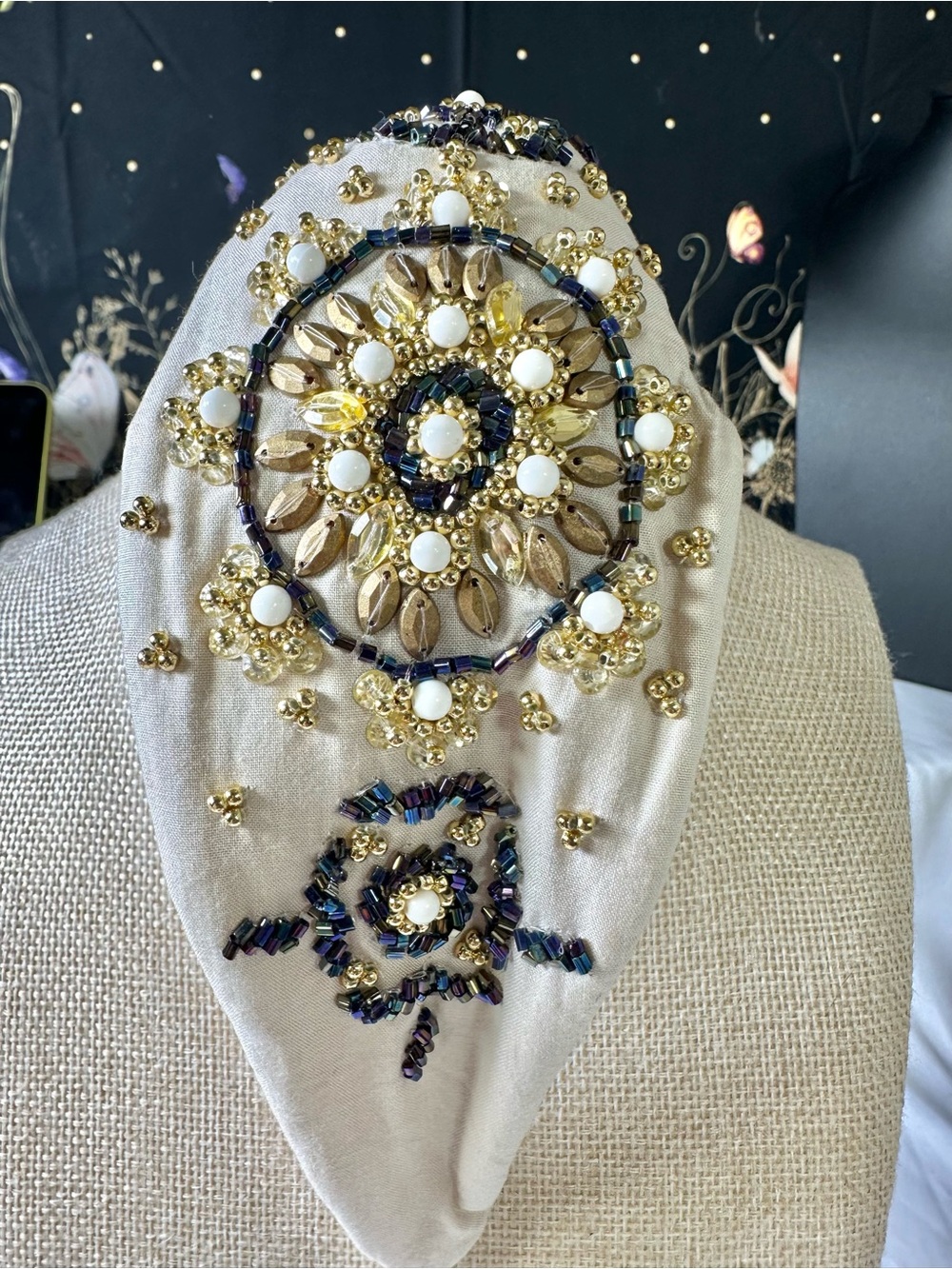 Chunky Beaded Headband in Cream, Gold & Black AB embellishments